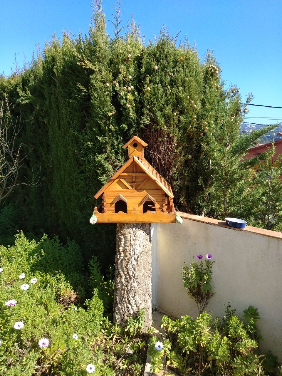 Ein Vogelhaus aus Holz, an einem Baumstamm in einem Garten befestigt.