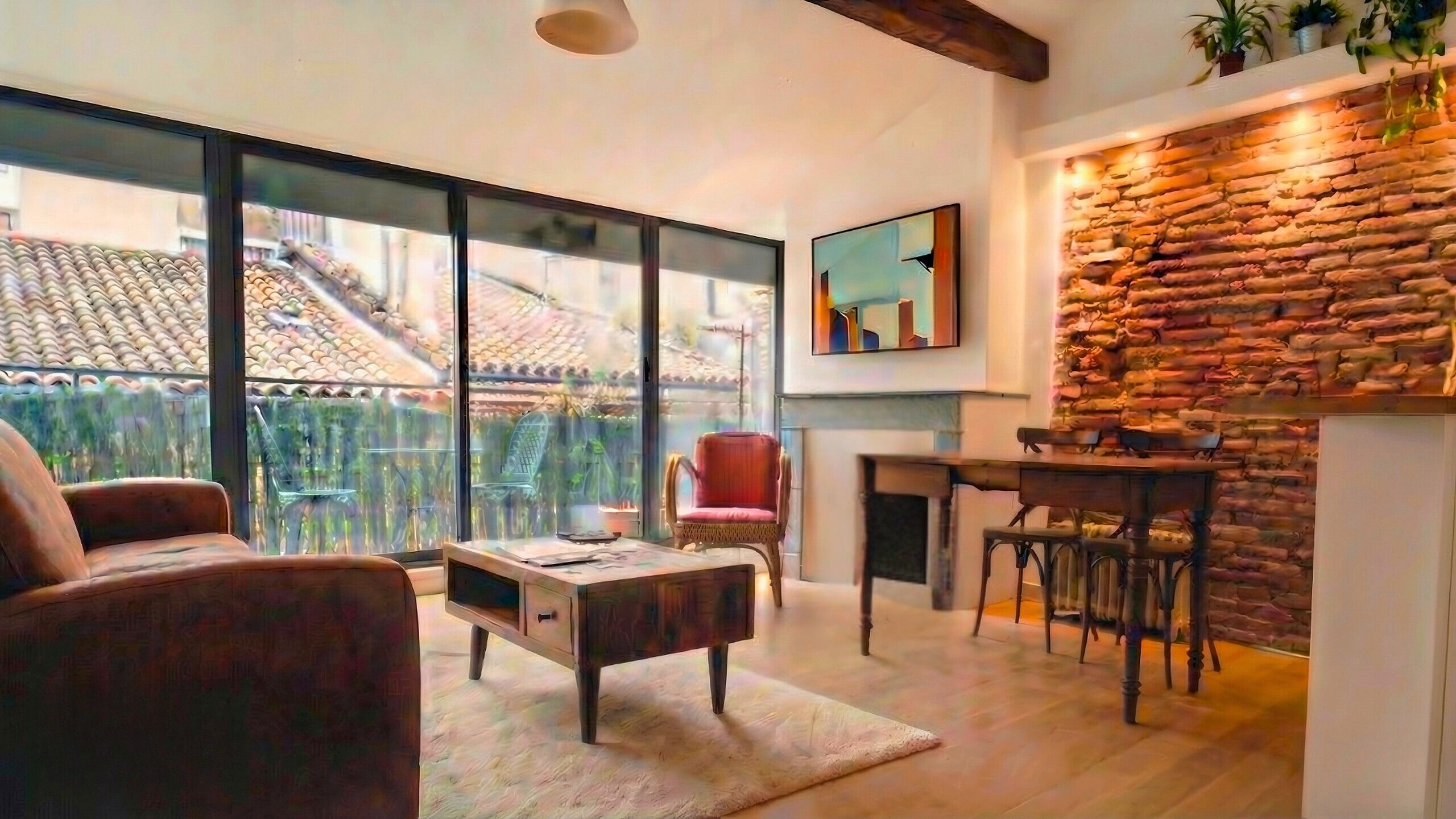 Televisión, chimenea y libros 