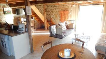 Télévision, cheminée, lecteur de DVD, livres