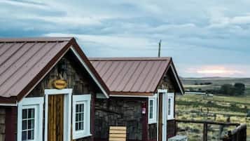 A rustic cabin with a wooden deck, a stone facade, and a metal roof.