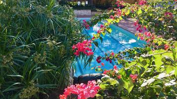 Relax by the serene pool surrounded by lush greenery and vibrant flowers.