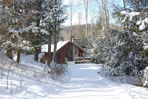 A cabin with a stone exterior, surrounded by snow-covered trees and a clear sky.