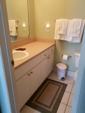 Combined shower/bathtub, hair dryer, towels