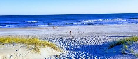 On the beach, sun loungers