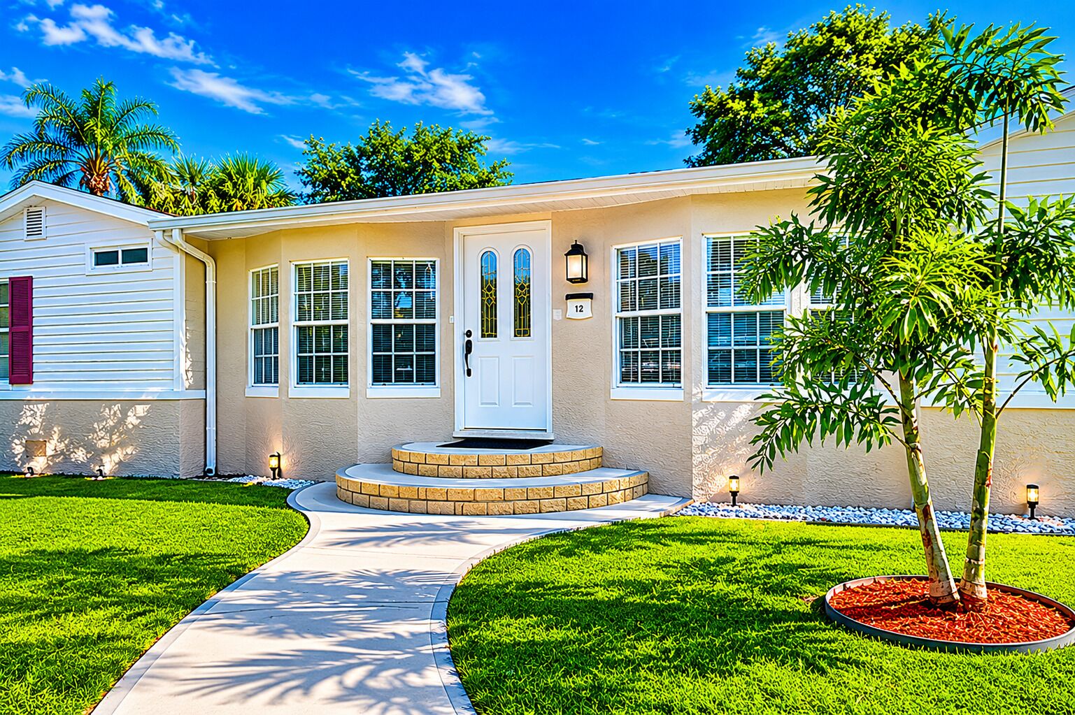 A two-story house with a front porch, a driveway, and a well-maintained lawn.