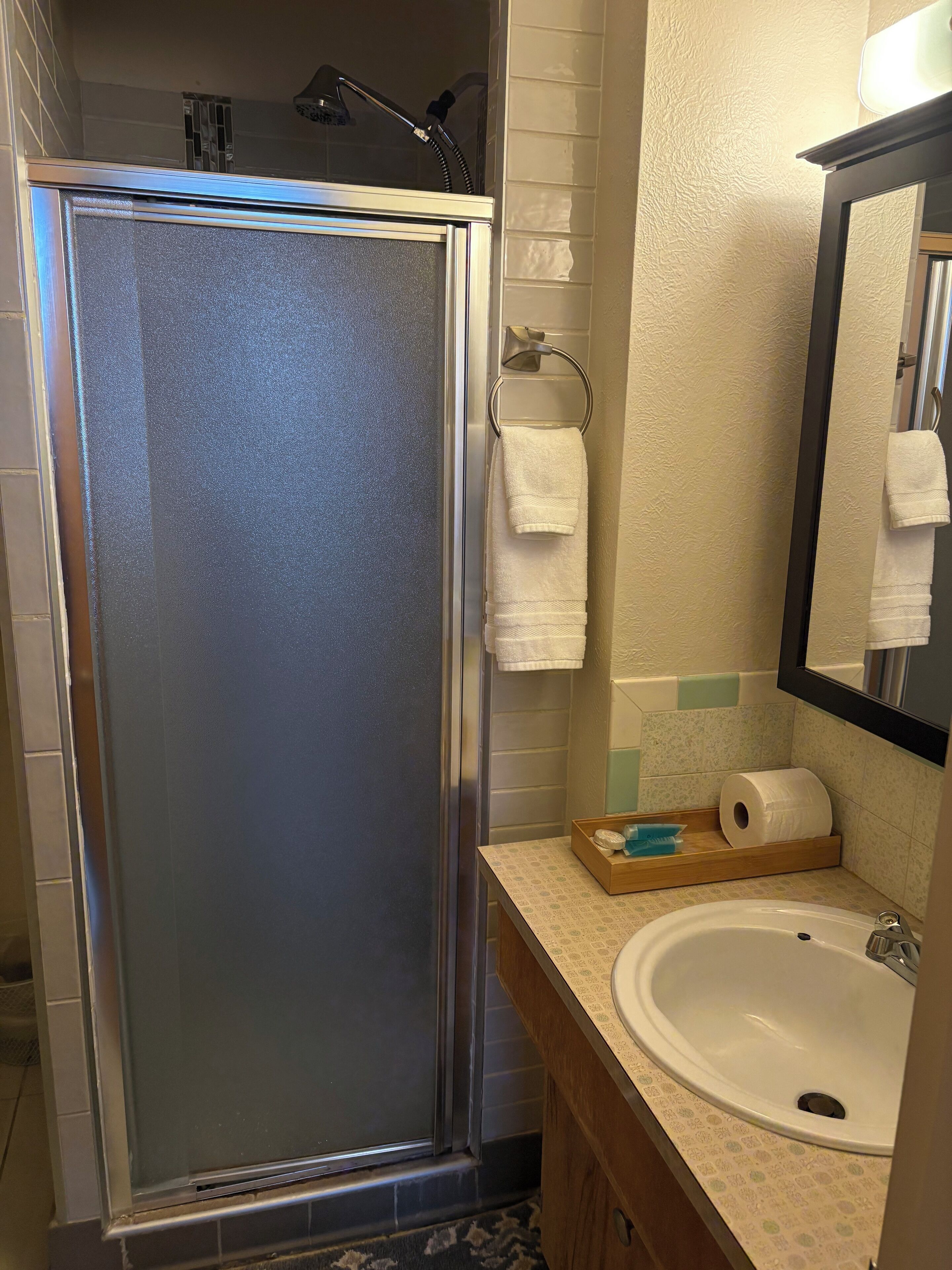 Shower, hair dryer, towels, soap