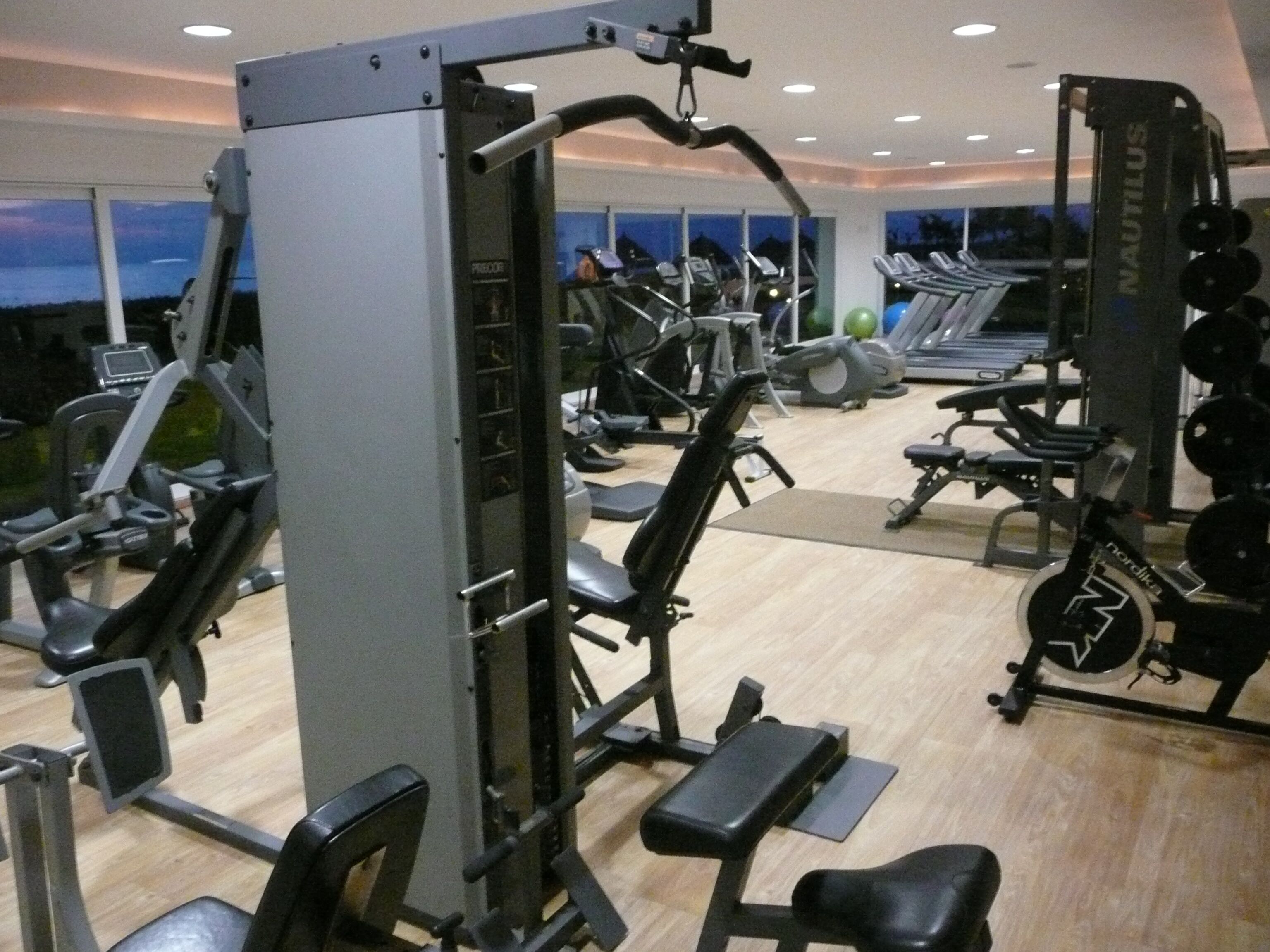 A gym with various exercise equipment, including treadmills, weight machines, and free weights.