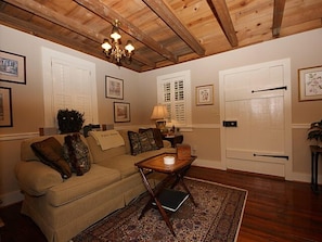 TV, fireplace, books