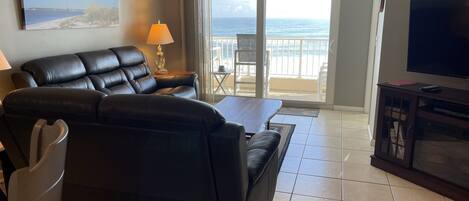 TV, DVD player, video library, stereo