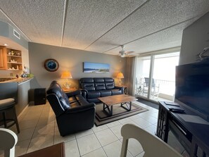 TV, DVD player, video library, stereo