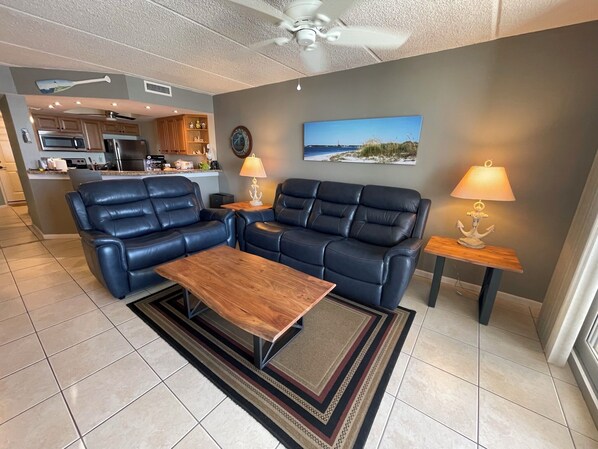 TV, DVD player, video library, stereo