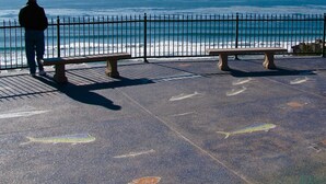 A coastal walkway with benches and a railing overlooking the sea.