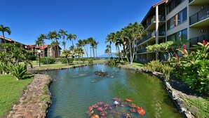 Un hotel con piscina rodeado de palmeras y vista al océano.