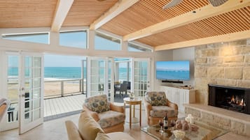 TV connectée, cheminée, lecteur de DVD, livres