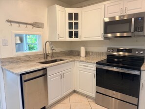 A modern kitchen with white cabinets, stainless steel appliances, and a granite countertop.