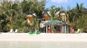 Rannalla, aurinkotuoleja, rantapyyhkeitä