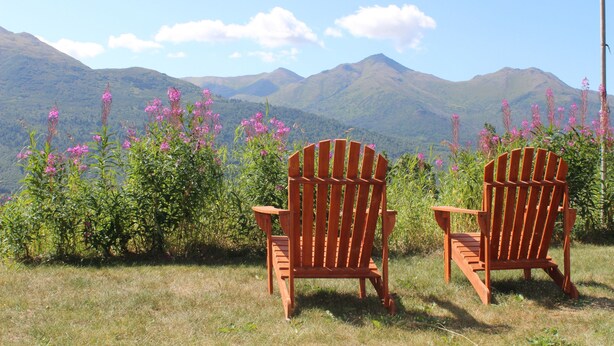 Dos sillas Adirondack de madera mirando un paisaje montañoso con flores púrpuras al frente.
