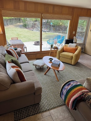 TV, fireplace, DVD player, books