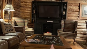 Ein gemütliches Blockhaus-Interieur mit Ledersofa, Couchtisch und Fernseher.