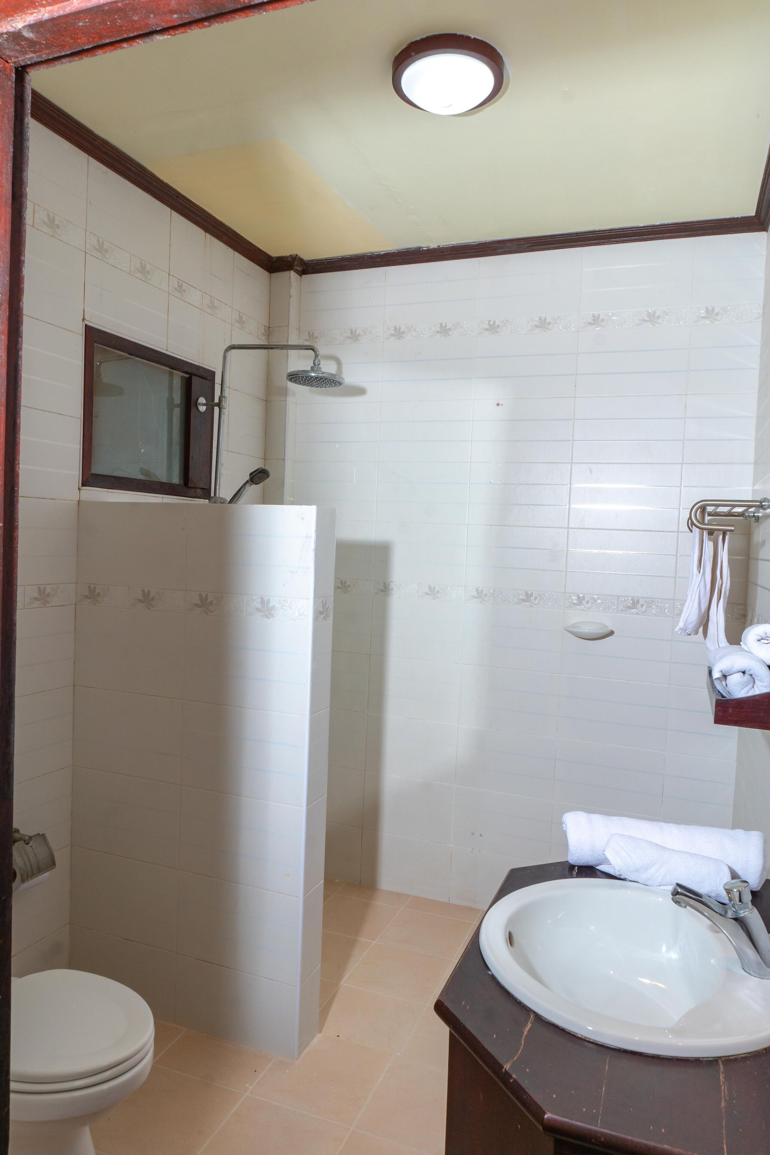 Une salle de bain comprenant des toilettes, un lavabo, une douche et un porte-serviettes.
