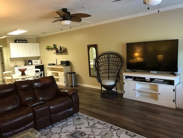 Smart TV, fireplace, DVD player, books