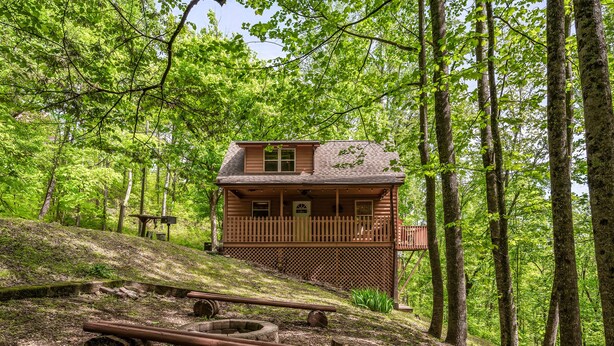 Une cabane dotée d’une terrasse en bois, entourée d’arbres et comprenant un foyer extérieur.