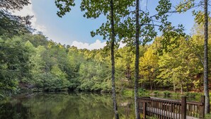 Un paysage paisible au bord d’un lac, avec une terrasse en bois et une forêt dense.