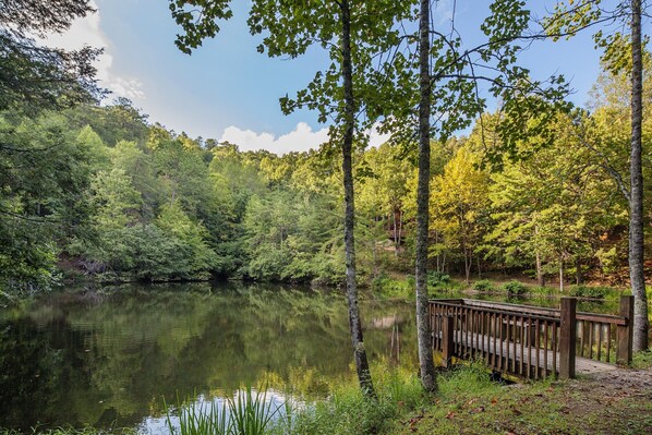 A serene lakeside scene with a wooden deck and dense forest. - Honeymoon, private settings, 10 min from main street, family fun, fishing pond (Sevierville)