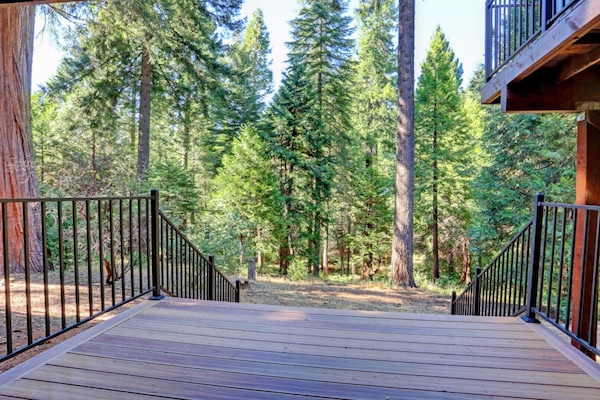 Lower back deck leads to the backyard.