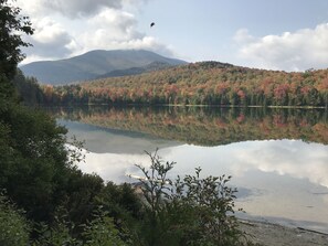 Un lago tranquilo con reflejos de árboles y montañas, rodeado de abundante vegetación.