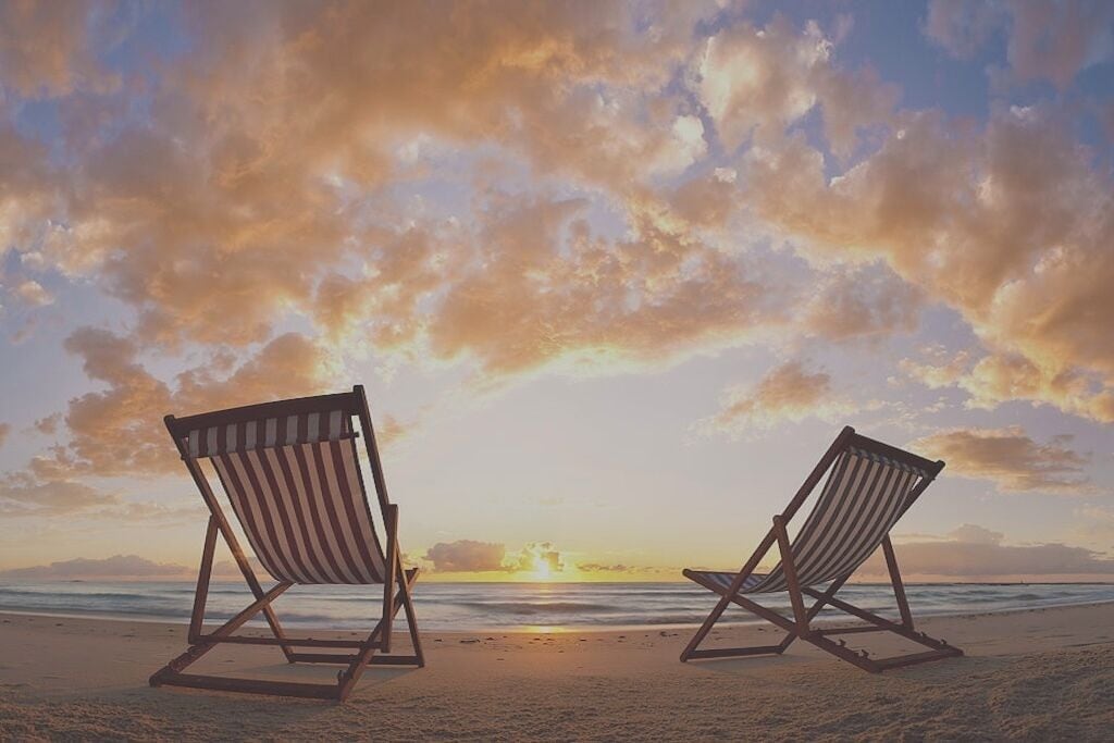 On the beach, sun loungers