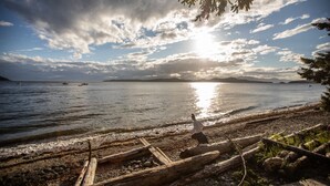 A beach with logs and rocks, a person standing, and boats in the water. - Comfortable luxury suite with epics views, on the Beach, Sunshine Coast (Halfmoon Bay)