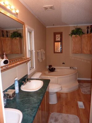 Combined shower/bathtub, towels, toilet paper