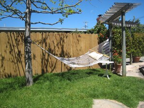 Relax in a hammock suspended between two trees, tied with a rope and cushioned for comfort.