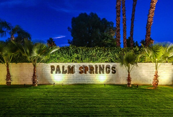 Une enseigne bien éclairée portant l’inscription « PALM SPRINGS », avec un premier plan composé de pelouse et de palmiers.