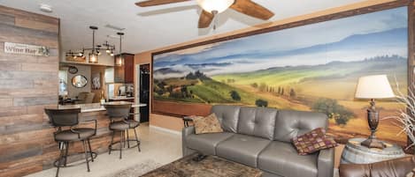 Smart TV, fireplace, table football, music library