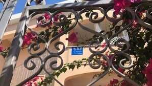 Una reja de hierro forjado con un letrero azul, flores de buganvilla rosadas y fachada de edificio.