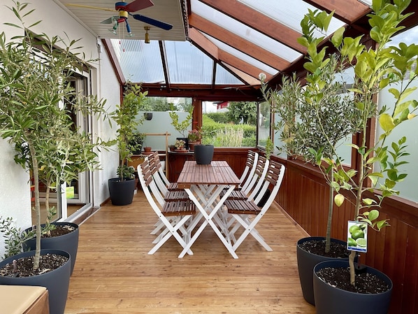 A wooden deck with a table and chairs, surrounded by potted plants.