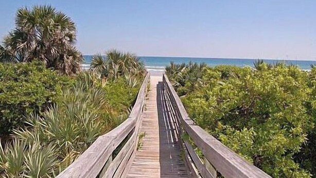 A wooden boardwalk leading to a beach with dense greenery on both sides.