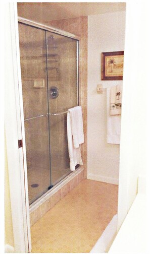 Combined shower/tub, hair dryer, towels