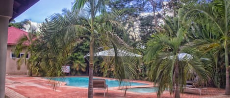 Piscine extérieure, parasols de plage, chaises longues