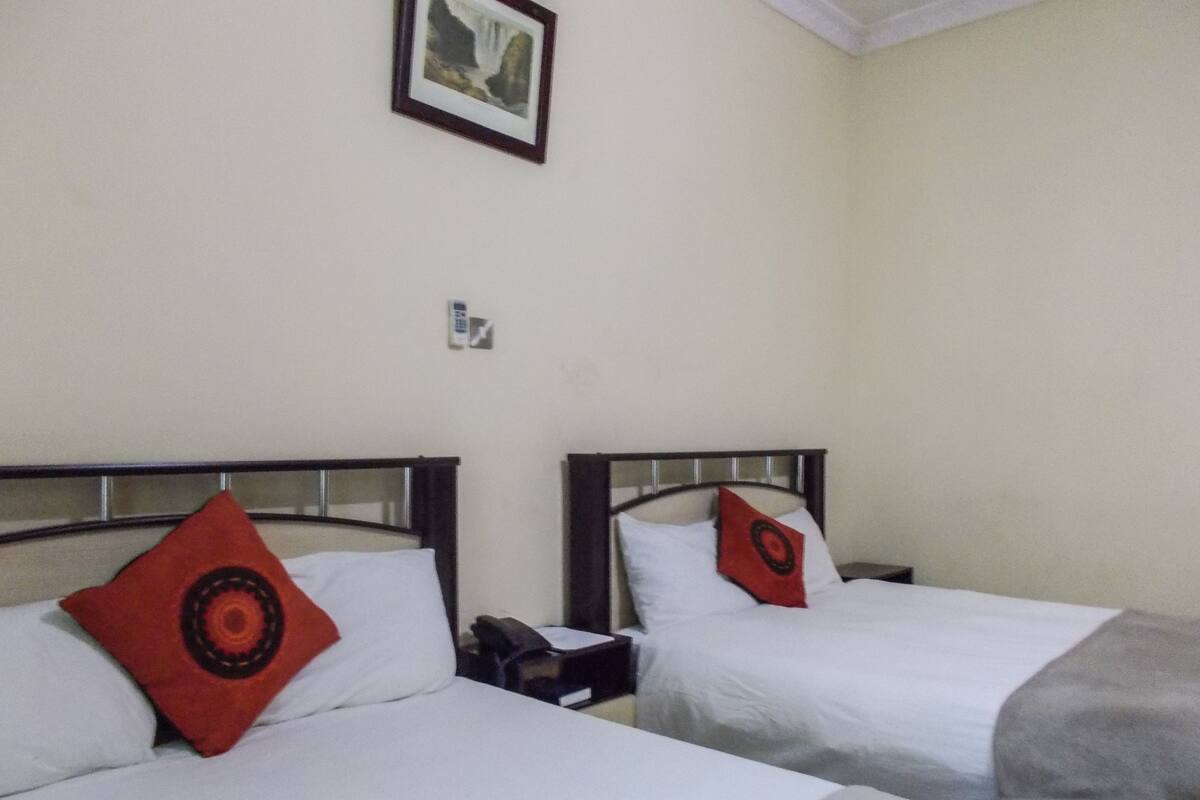 Two beds with white bedding and red pillows, a framed picture on the wall, and a phone on the nightstand.