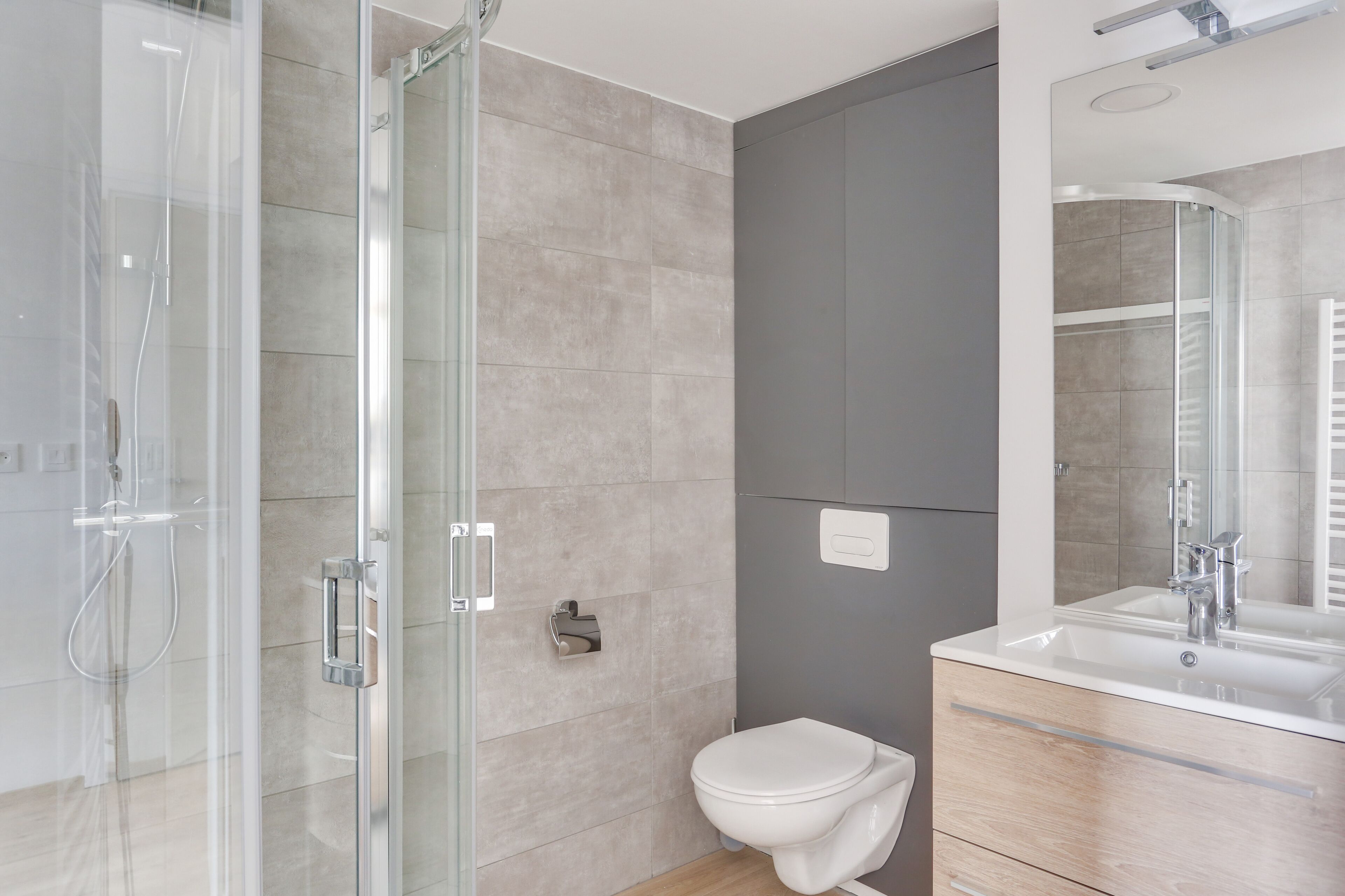 A modern bathroom with a glass shower enclosure, a toilet, and a vanity with a mirror.