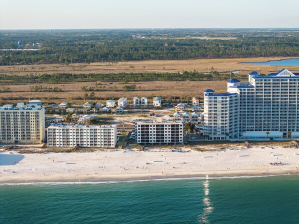 On the beach, sun loungers