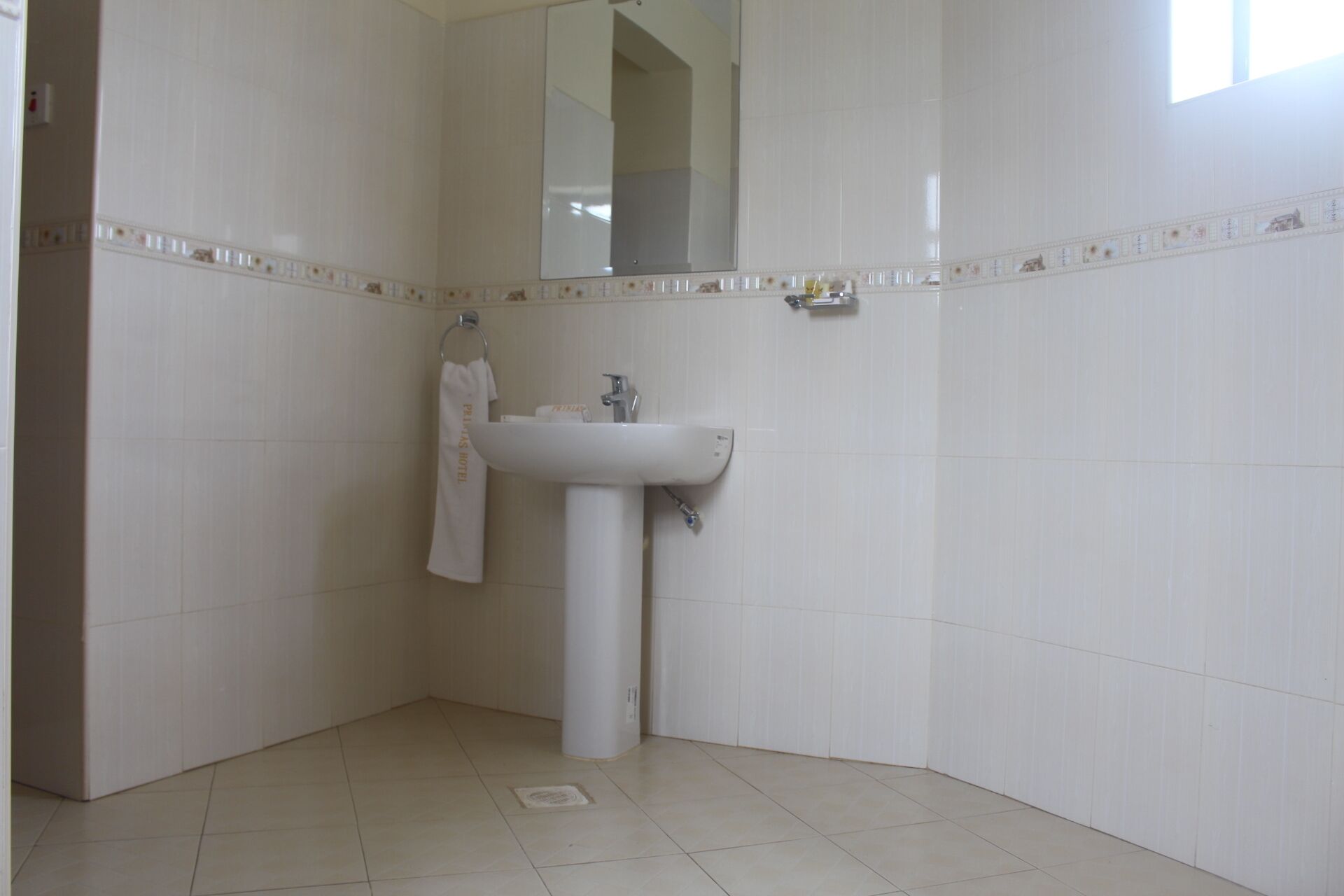 A bathroom with a white sink, a towel hanging on a ring, and a mirror above the sink.