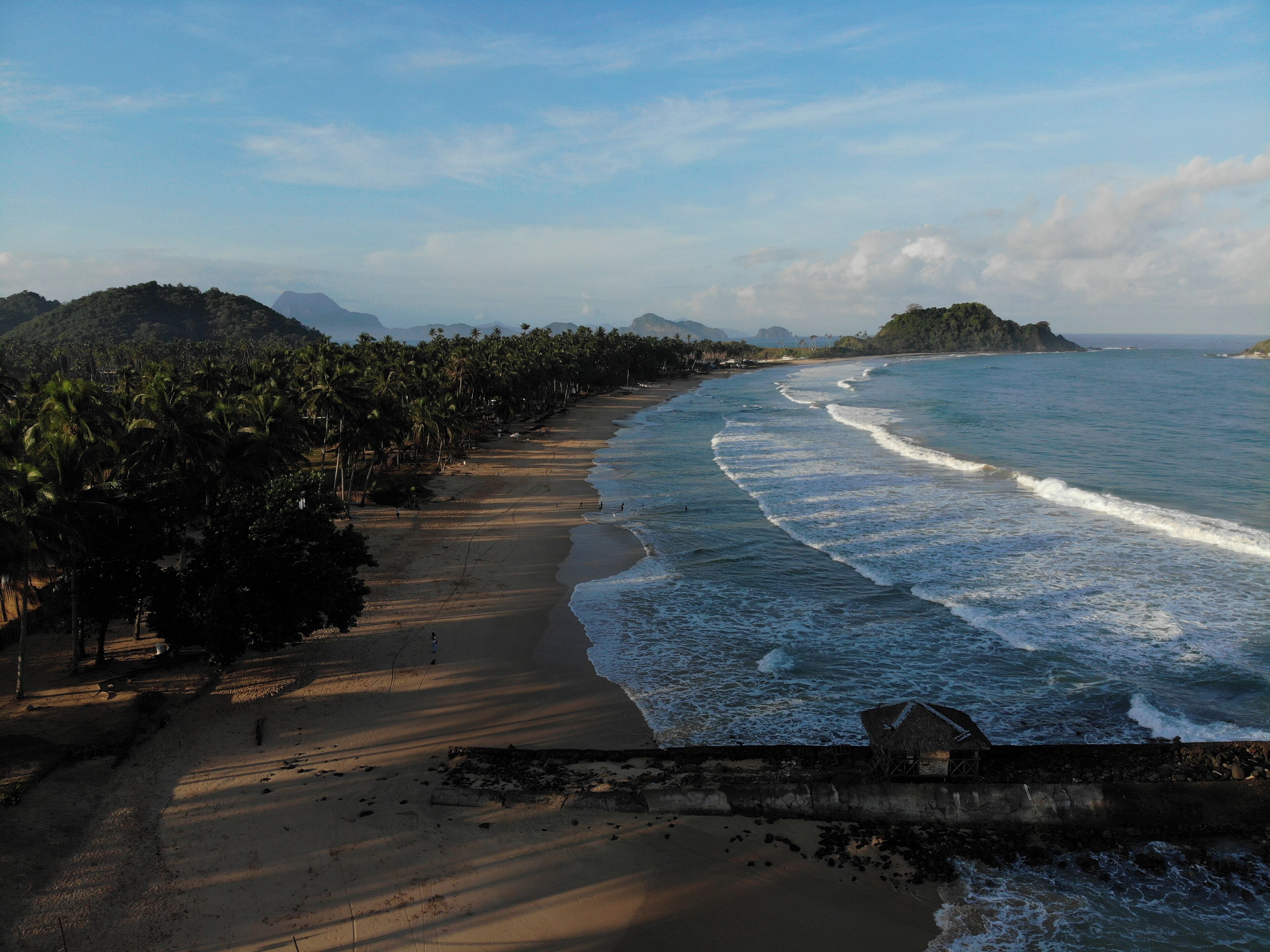 A beach with a long stretch of sand, palm trees, and a rocky outcrop.