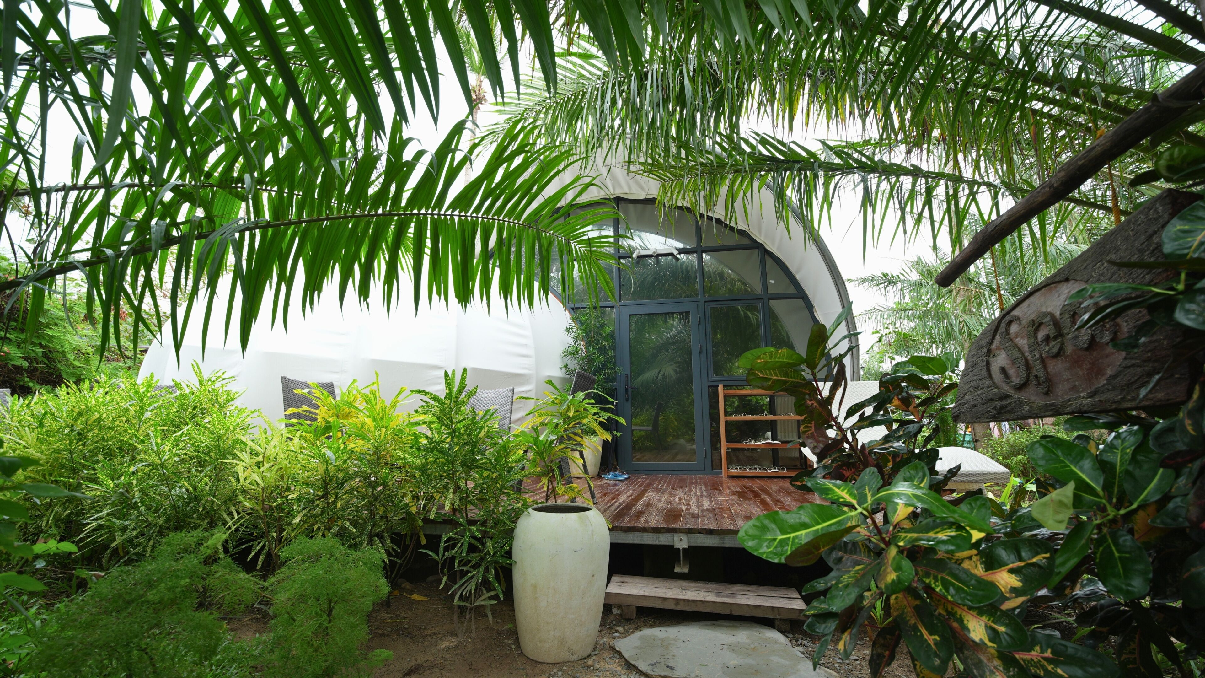 A glasshouse with a wooden deck, surrounded by lush greenery and a large white pot.
