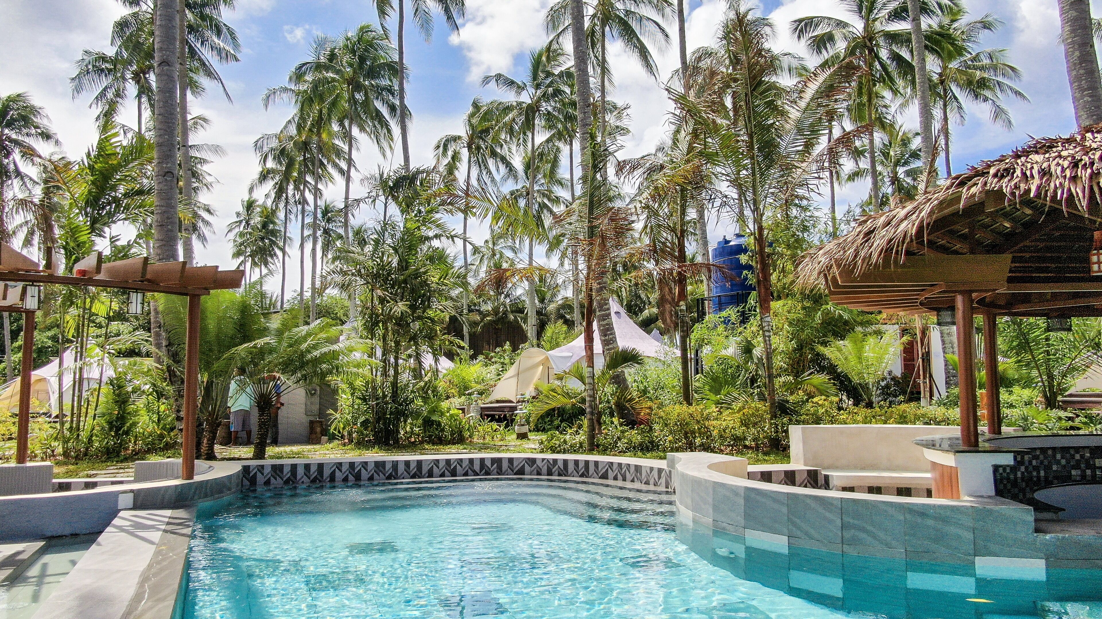 Ein Swimmingpool, umgeben von Palmen und einer strohgedeckten Struktur.