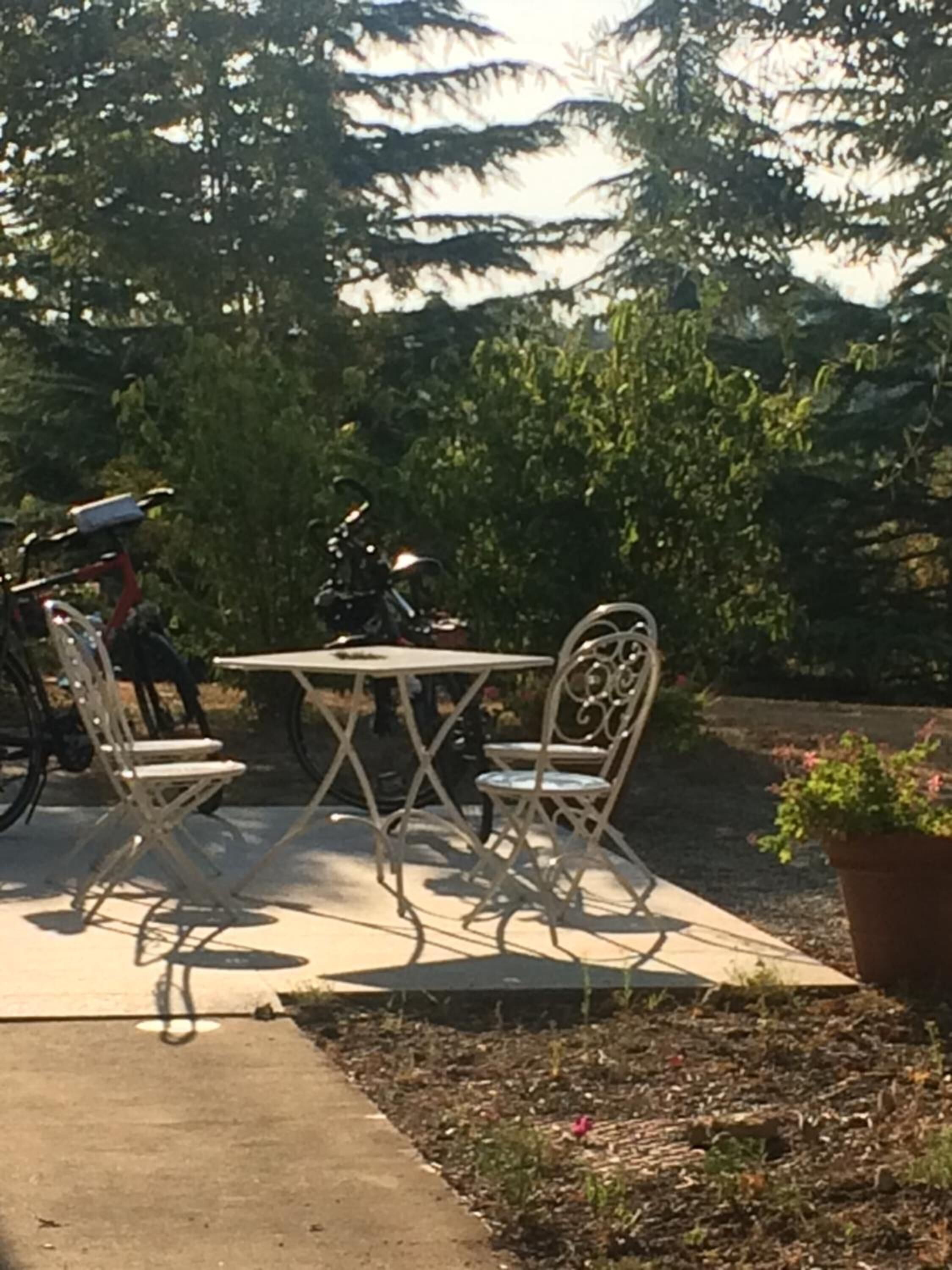 An outdoor seating area with metal chairs and a table, surrounded by greenery and a parked motorcycle.