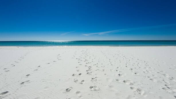 A wide sandy beach with footprints leading to the water. - Pelican Beach Resort, Directly on the Beach w/breathtaking View (DESTIN)